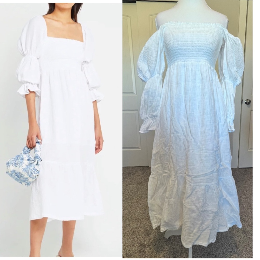 o.p.t Brigitte Dress Smocked bodice Puffed Tiered Sleeves Cotton Sz Small